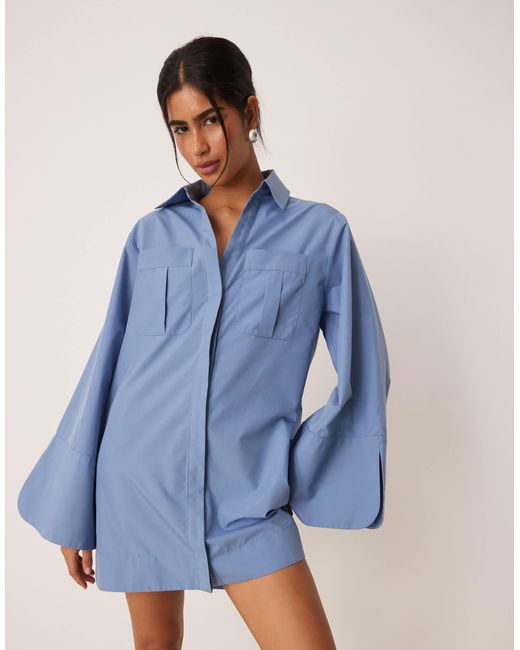 ASOS Blue Mini Shirt Dress With Wide Cuffs And Oversized Pockets