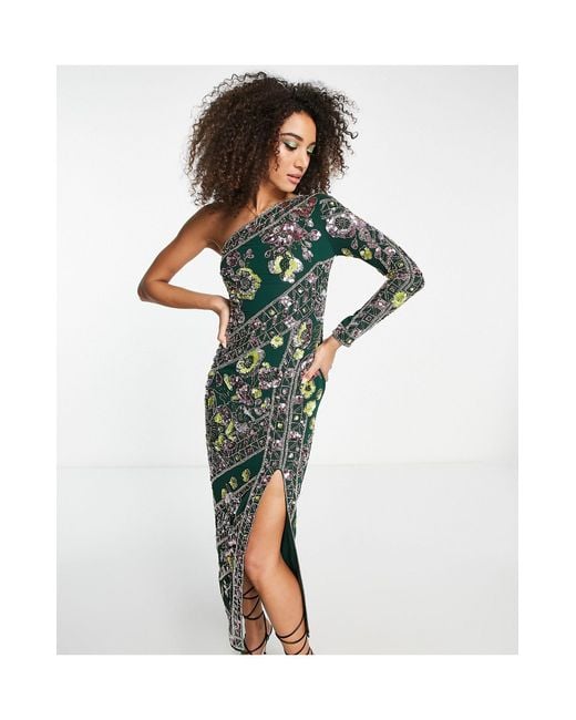 ASOS Multi Floral Embellished One Sleeve Midi Dress With Side Slit in Green  | Lyst Canada