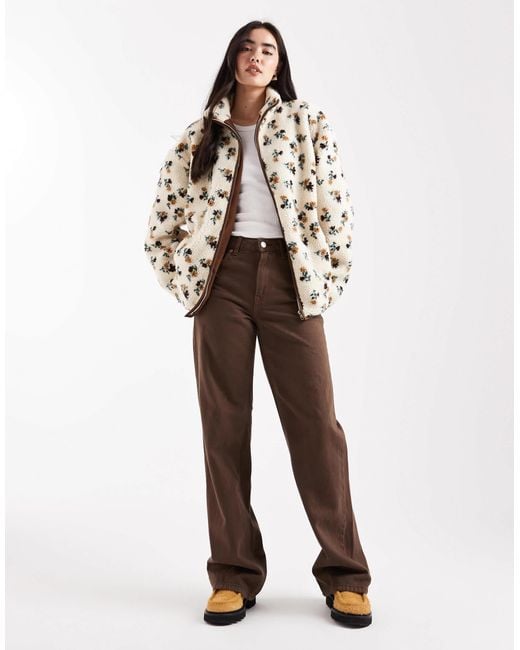 Daisy Street Natural Zip Through Printed Borg Jacket With Contrast Binding