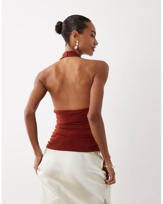 ASOS Red Compact Cotton Ruched Halter Neck Top With Bead Detail