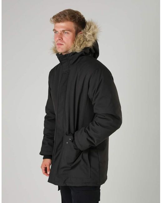 French Connection Black Faux Fur Hooded Parka Longline Zip-Through Jacket for men