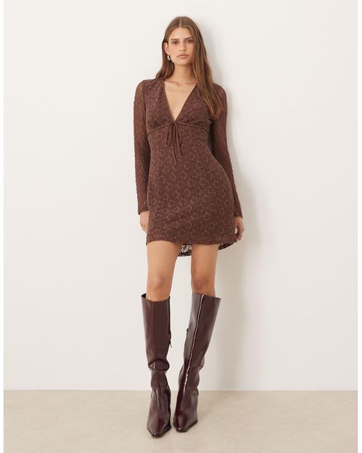 ASOS Brown Lace Long Sleeve Plunge Tie Front Mini Dress