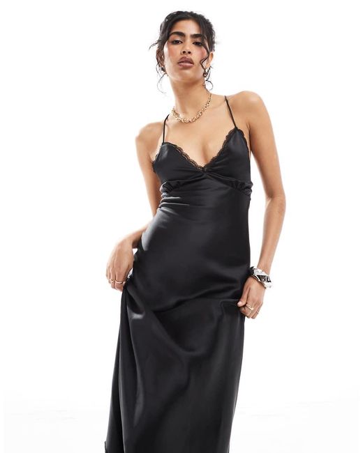 Miss Selfridge Black Satin Maxi Dress With Lace Insert