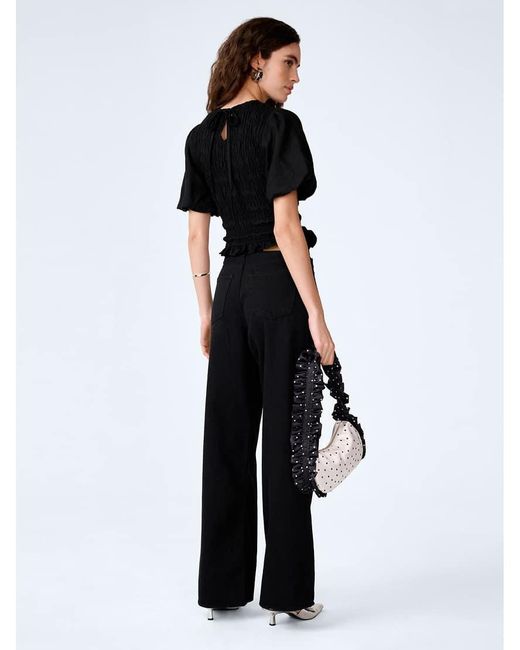 OMNES Black Tops Nicola Shirred Linen Short Sleeve Top