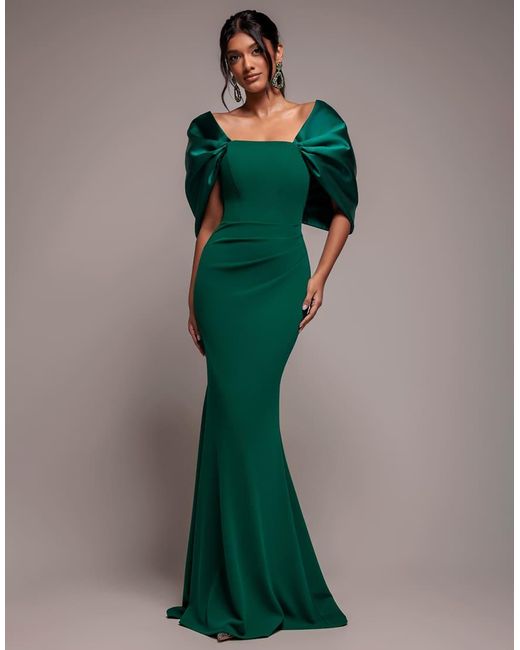 Goddiva Green Off Shoulder Back Satin Bow Maxi Dress