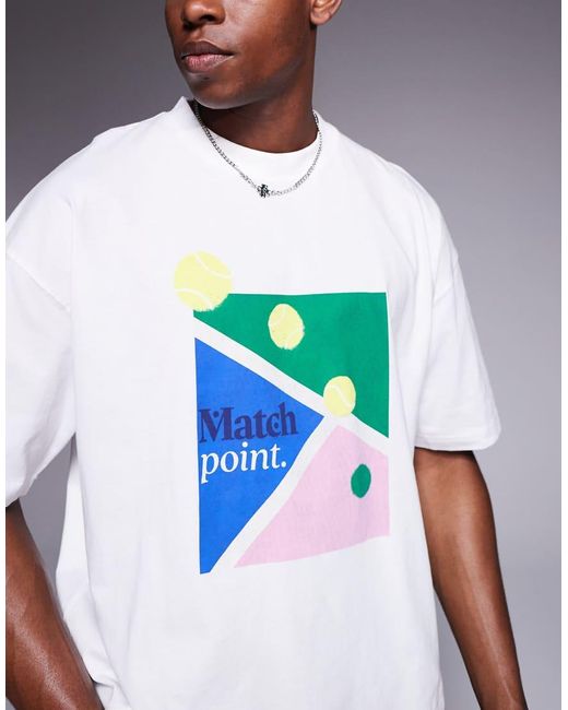 T-Shirt Oversize Squadrata Bianca Con Stampa A Tema Tennis Sul Davanti di ASOS in White da Uomo