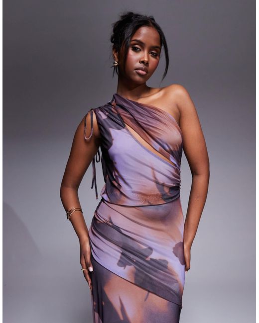 ASOS Purple Mesh Channelled Tie One Shoulder Midi Dress With Slash Cut Out