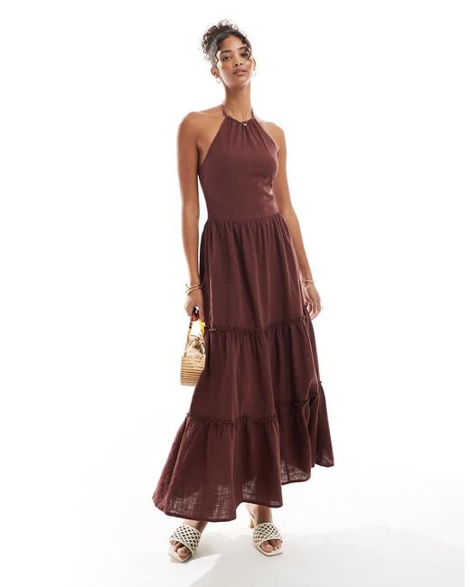 Bershka Linen Halterneck Tiered Maxi Dress