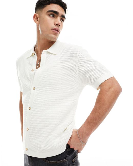 Cotton On White Cotton On Textured Cotton Waffle Knit Relaxed Shirt for men