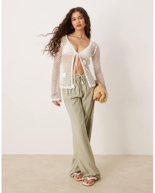 Mango Natural Cotton Tie Front Long Sleeve Crochet Cardigan With Rose Detail