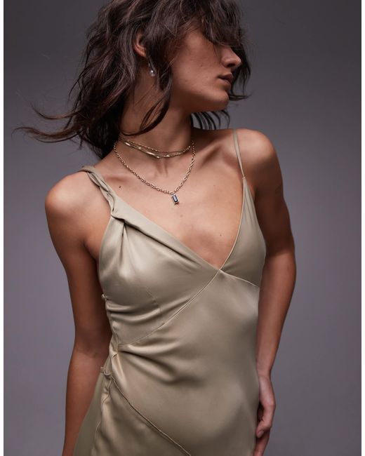 TOPSHOP Gray Twist Shoulder Exposed Seam Midi Slip Dress