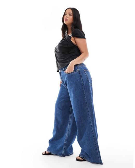ASOS Blue Asos Design Curve High Waist Wide Leg Jeans