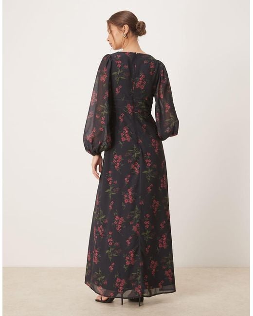 ANAYA Black Floral Faux Wrap Long Sleeve Maxi Dress