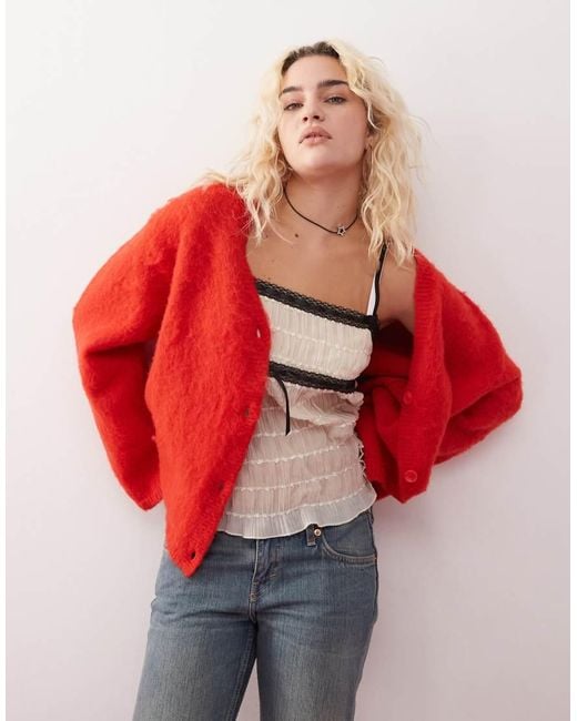Monki Red Fluffy Yarn Knitted Cardigan With V Neck