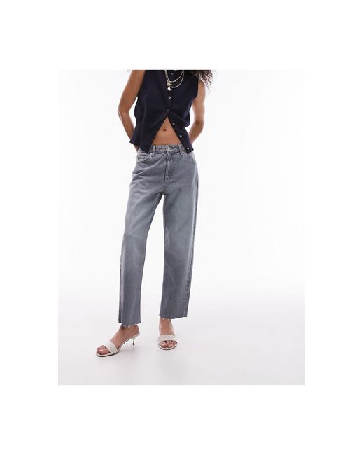 TOPSHOP Blue Cropped Mid Rise Straight Jeans With Raw Hems