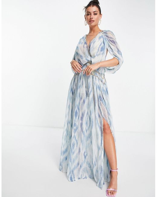 ASOS Blouson Maxi Dress With Chain Strapping Detail in Blue | Lyst