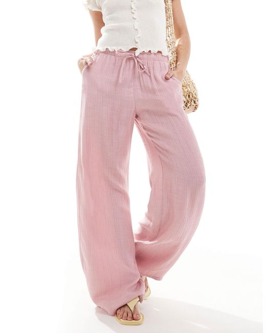 Stradivarius Pink Linen Look Pull On Crinkle Trouser