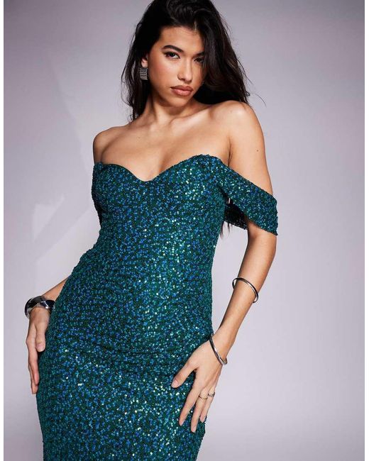Goddiva Blue Off The Shoulder Sequin Wing Maxi