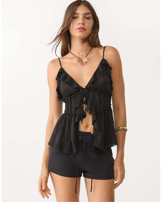 Stradivarius Black Ruffled Strappy Top