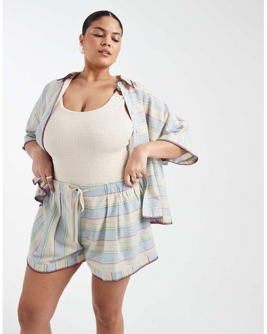 ASOS White Asos Design Curve Sasha Beach Short Co Ord With Stitch Detail