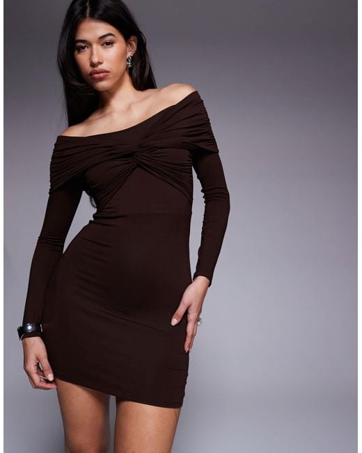ASOS Brown Off Shoulder Twist Mini Dress With Long Sleeves