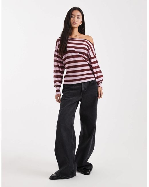 Collusion Red Off Shoulder Stripe Sheer Shimmer Top