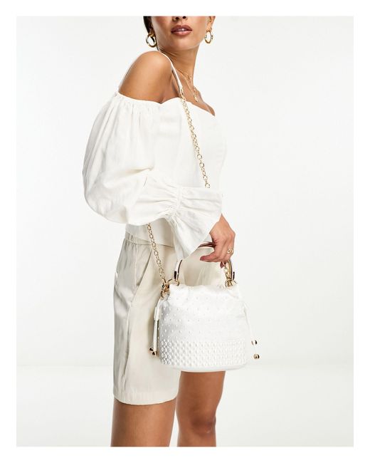 River Island Cross Body Bucket Bag With Pearl Detail in White | Lyst