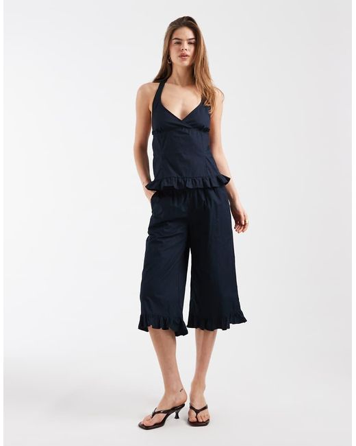 Motel Blue Co-Ord Tenison Ruffle Edged Capri Trousers