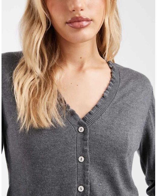 Mango Gray Teen V Neck Knitted Cardigan With Frill Trim