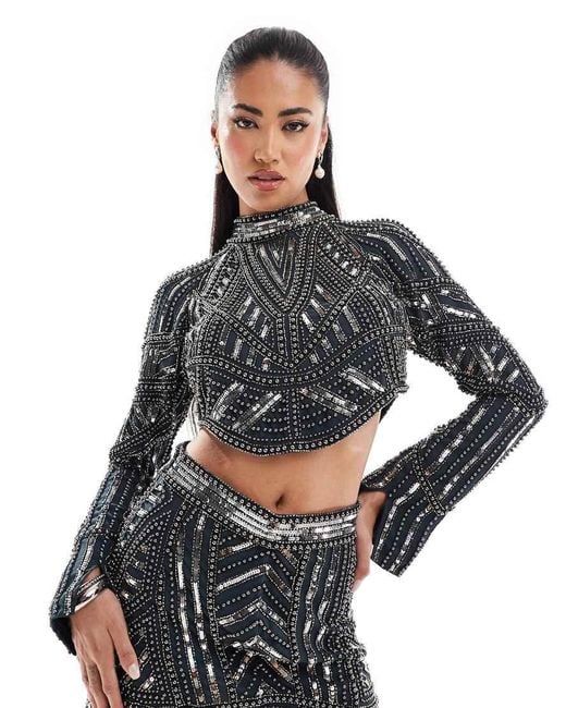 ASOS Gray High Neck Top With Pearl And Sequin Embellishment