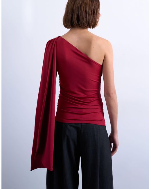 TOPSHOP Red One Shoulder Cape Detail Top