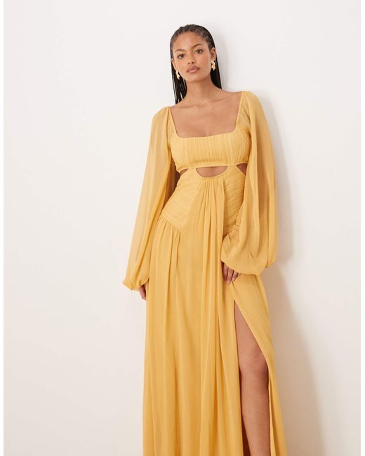 ASOS Yellow Asos Design Tall Long Sleeve Cut Out Maxi Dress With Ruched Skirt