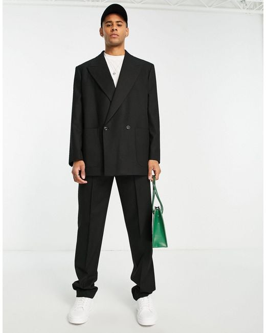 Topman Black Double Breasted Oversized Boxy Pronounced Twill Suit Jacket for men
