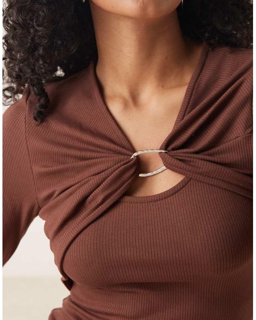 ASOS White Twist Hardware Detail Long Sleeve Rib Top