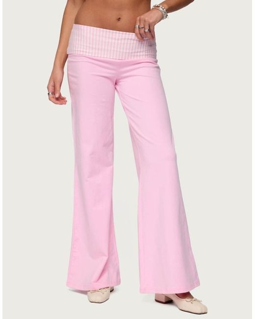 Edikted Pink Meshey Striped Fold Over Pants