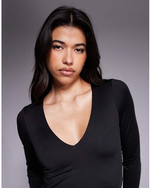 ASOS Black Double Layer Long Sleeve Deep V Neck Top