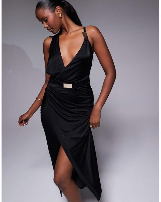 JLUXLABEL Black Anniversary Belted Wrap Midaxi Dress