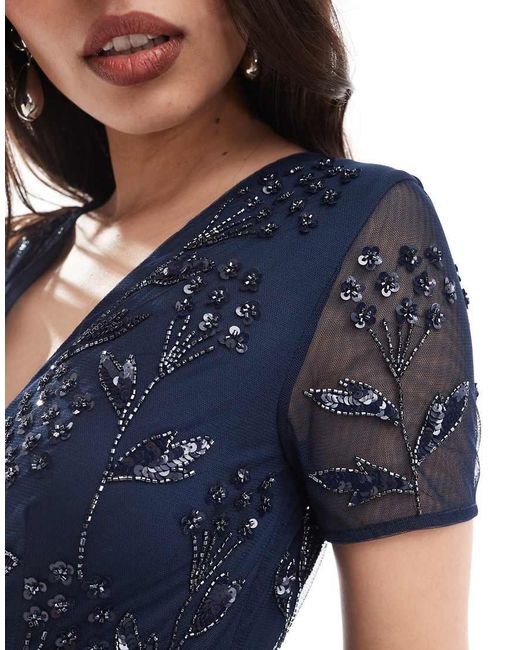 Maya Blue Floral Embellished Short Sleeve V Neck Bridesmaid Maxi Dress