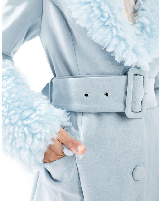 Labelrail Blue X Dyspnea Belted Faux Fur Trim Midaxi Coat