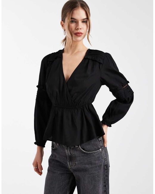Wednesday's Girl Black V Neck Peplum Textured Long Sleeve Top
