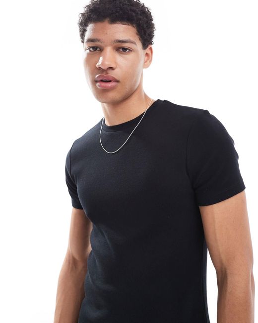 ASOS – körperbetontes, geripptes basic-t-shirt in Black für Herren