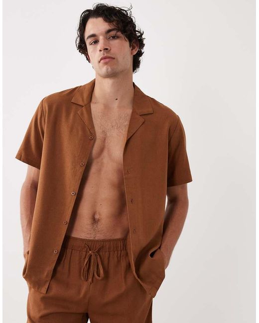 South Beach Brown Short Sleeve Linen Blend Shirt for men