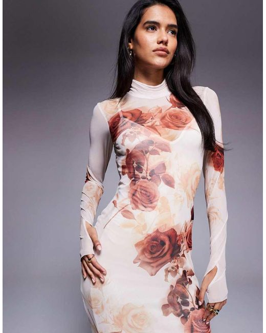 AFRM Pink Mesh Roll Neck Long Sleeve Midaxi Dress