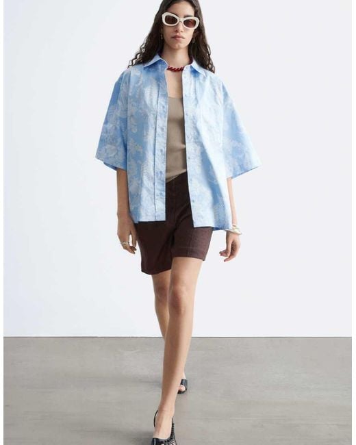 & Other Stories Blue Boxy Floral Print Cotton Resort Shirt