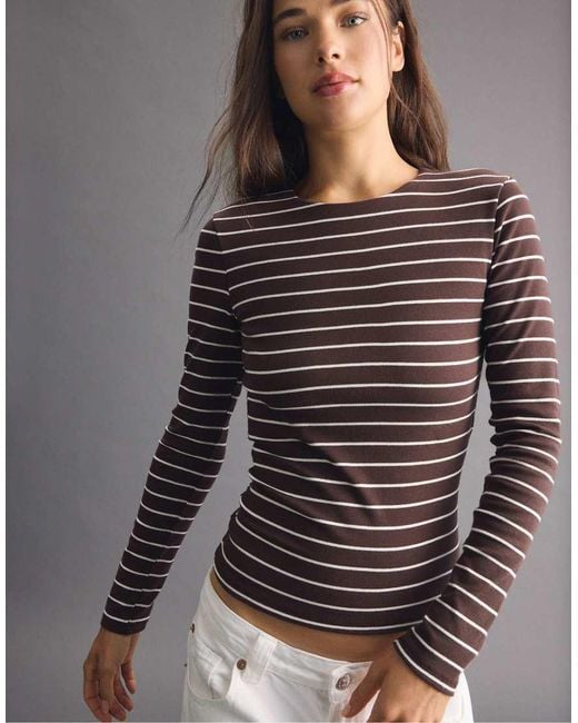 Stradivarius Gray Basic Long Sleeve Striped T-Shirt
