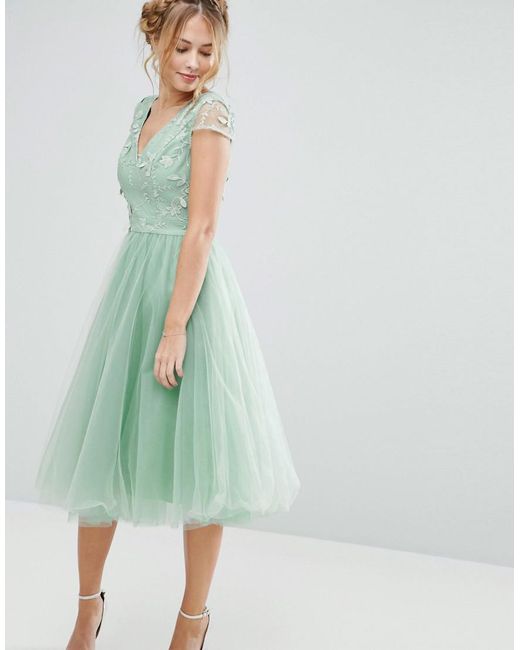 Chi Chi London Green Tulle Midi Dress With 3d Embroidery