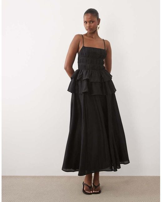 ASOS Black Pleated Bodice Maxi Dress With Tiered Waist