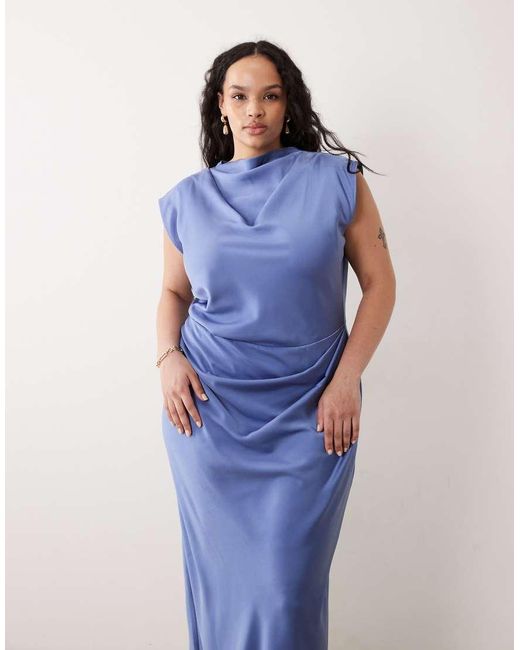 ASOS Blue Asos Design Curve Satin High Neck Pleated Bodice Midi Dress