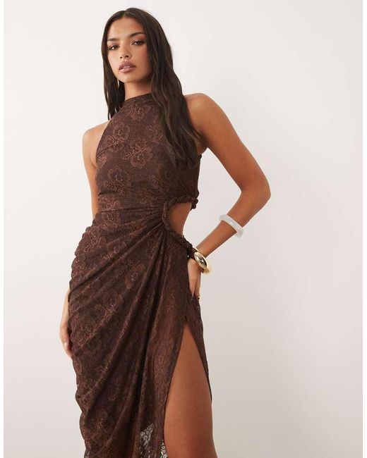 ASOS Natural Lace Maxi Dress With Ruched Cut Out Detail