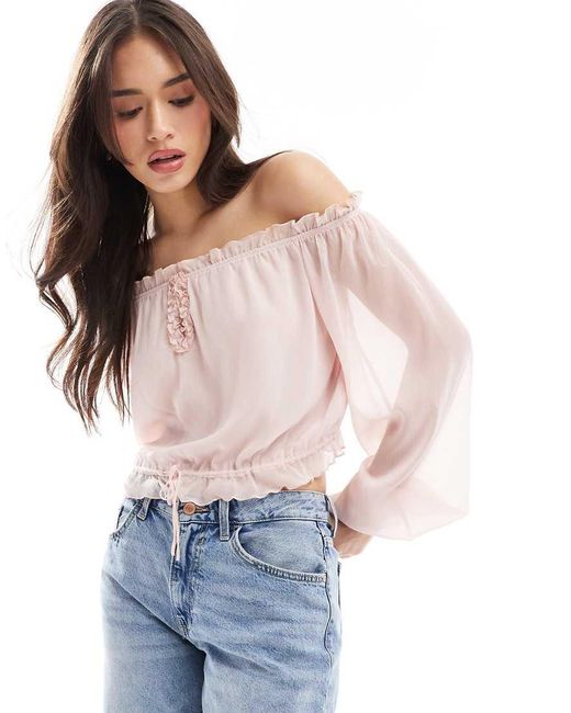 Bershka Bardottop Met Ruches in het Blue